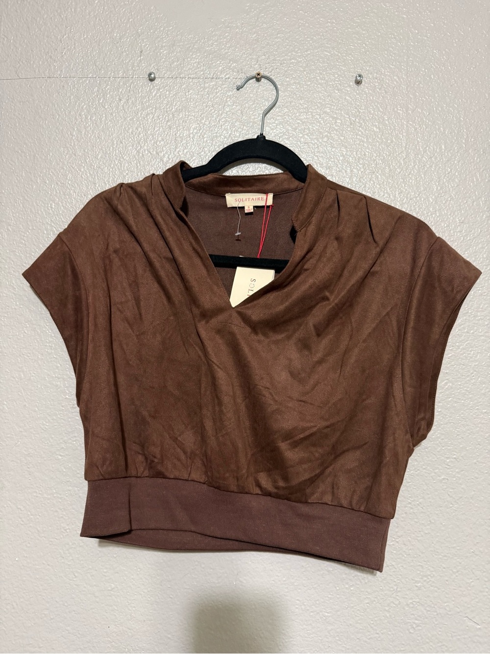Solitaire Brown Velvet Velour Draped Short Sleeve Crop Top NEW NWT